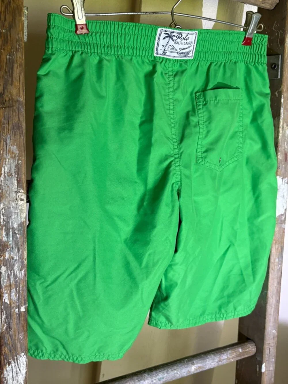 Polo Ralph Lauren Boys M (10-12) Traveler Swim Trunks Green Yellow Pony